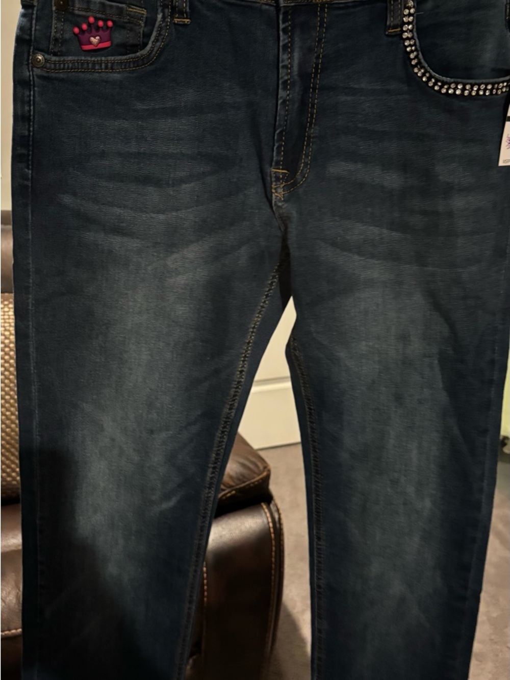 Girl’s Dark Blue Denim Jeans with Embellished Pocket